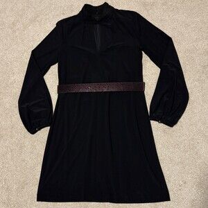NWT WHMB Womens Black Shift Dress Long Sleeve Mock Neck Stretch Belt, Sz 10
